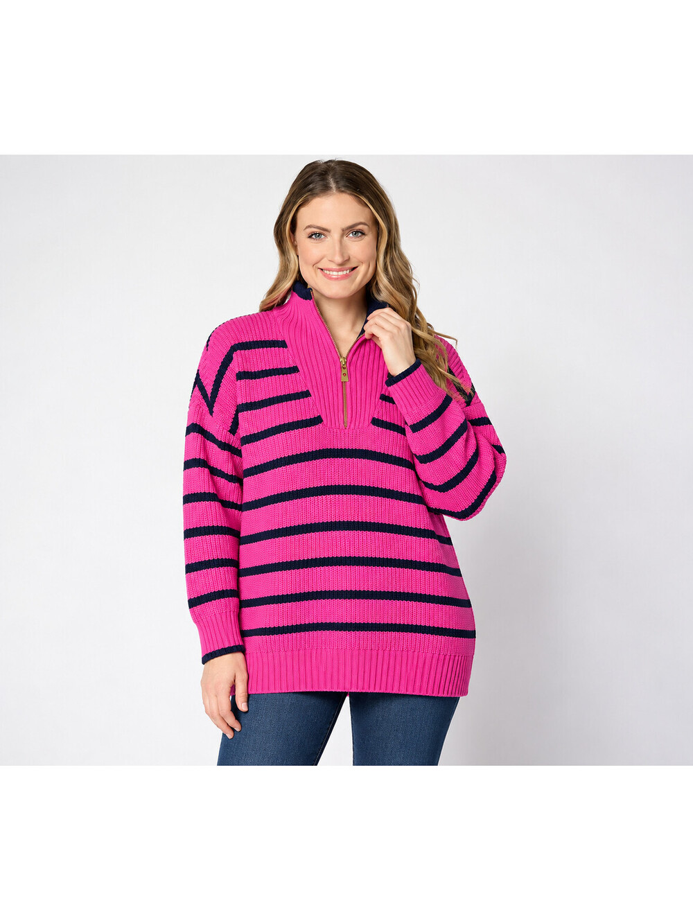 Belle by Kim Gravel On Deck Half Zip Shaker Sweater Preppy Pink, Size Large
